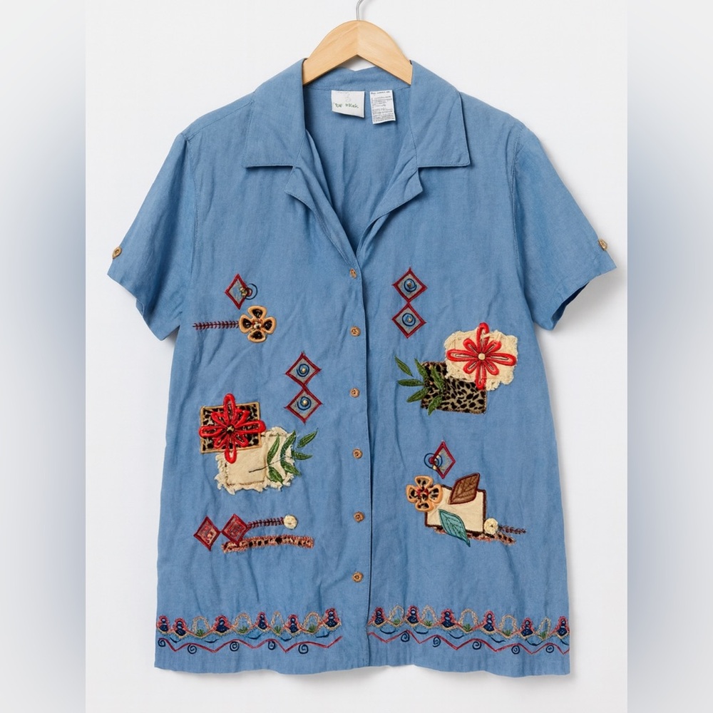 Vintage Bobbie Brooks Embroidered Patchwork Floral Stitched Button Top sz M Boho